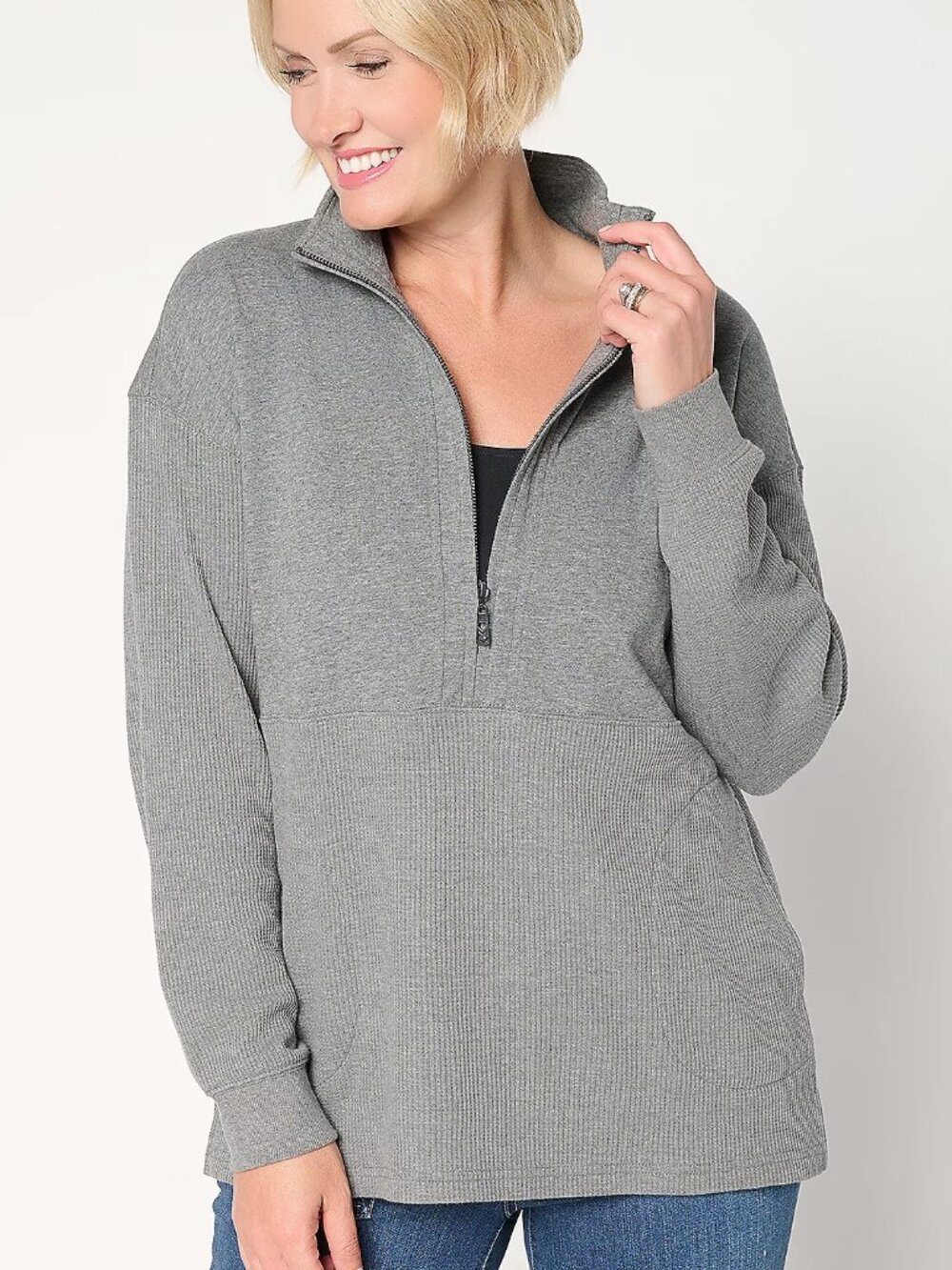 Belle by Kim Gravel Mixed Media Micro Waffle Half Zip Charcoal Heather 4X